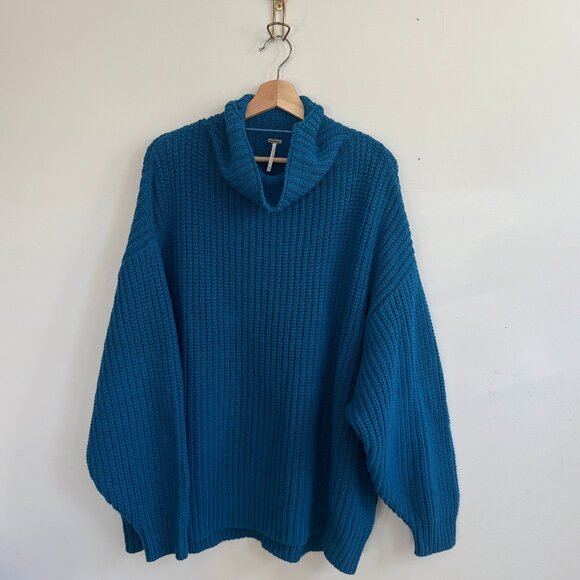 Free People Ocean Blue Oversized Chunky Swim Too Deep Turtleneck Sweater - Picture 3 of 3